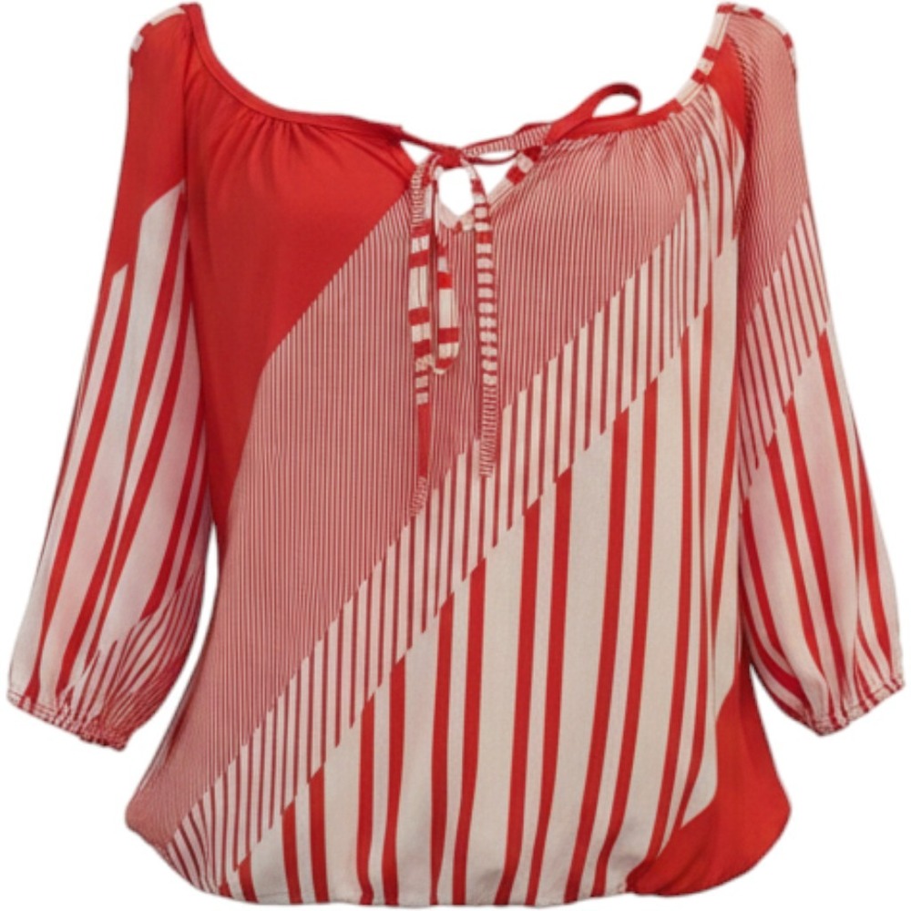 Y2K Red White Striped Cold Shoulder Peasant Blouse 2010s Boho Resort Wear
